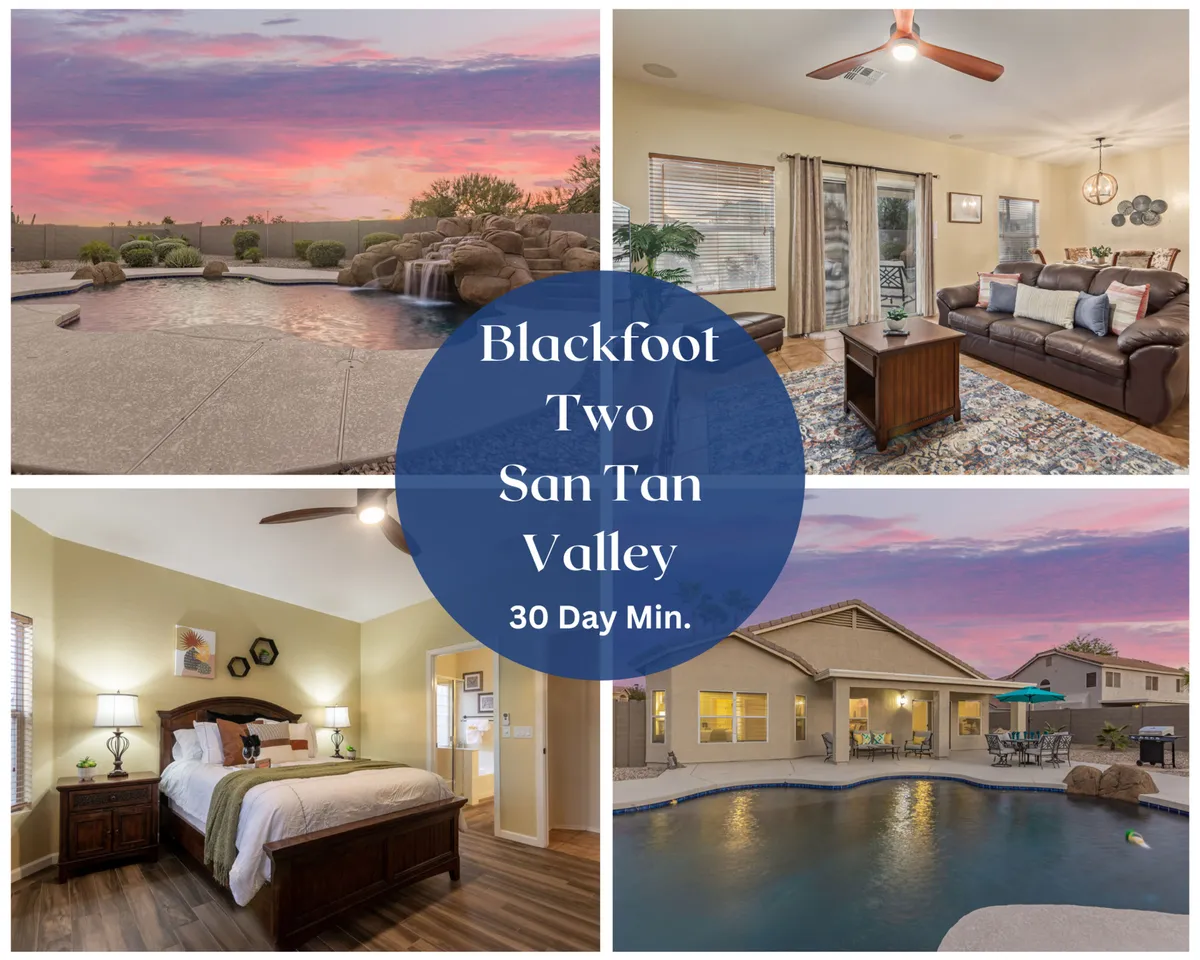 The hero image showcases a sparkling swimming pool with a built-in water slide and rock waterfall, set against a stunning Arizona sunset. Poolside seating invites guests to relax and soak in the serene desert ambiance, while glimpses of the cozy living room and inviting bedroom suggest comfort and relaxation indoors.